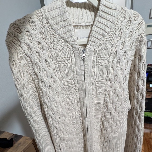 Lucky Brand Zip Up Cable Cotton Blend Sweater with Pockets Size Large Nwt